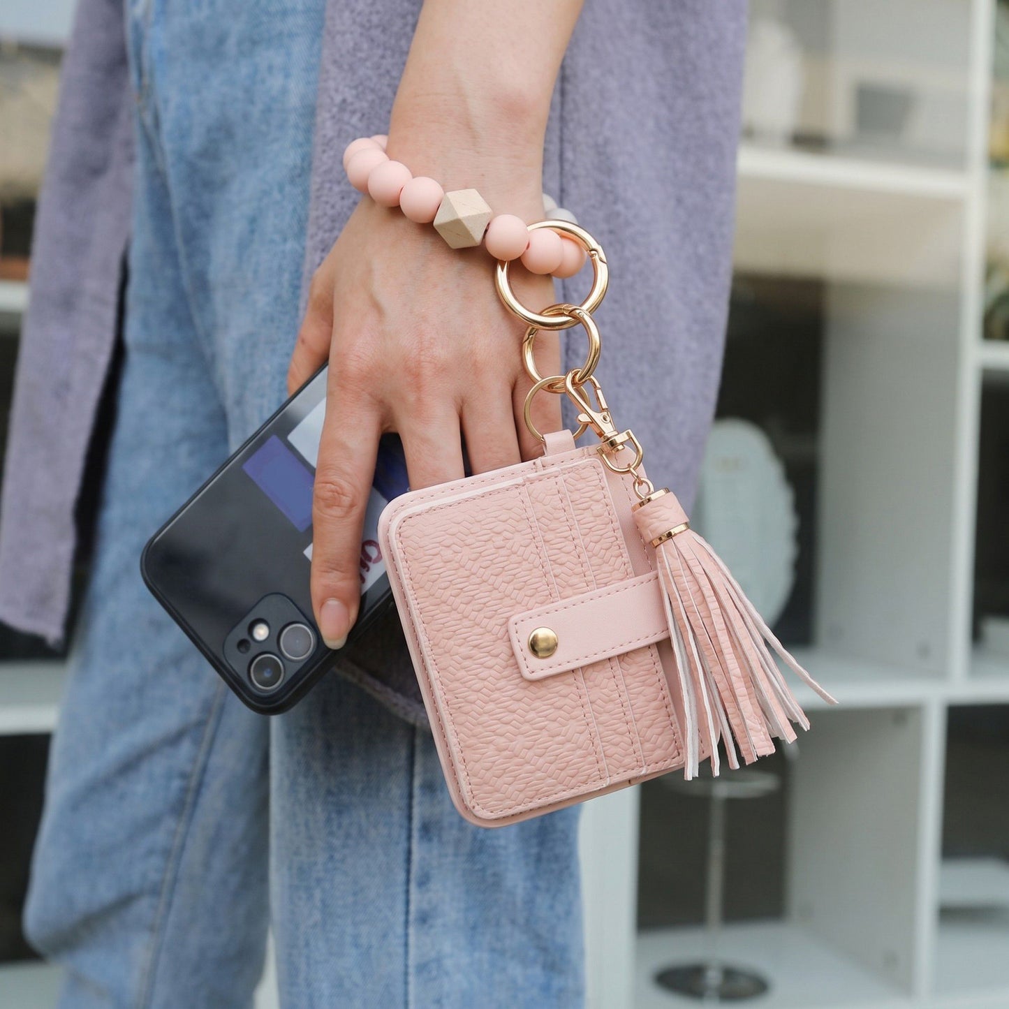 Beaded Wristlet Keychain with Card Holder and Tassel