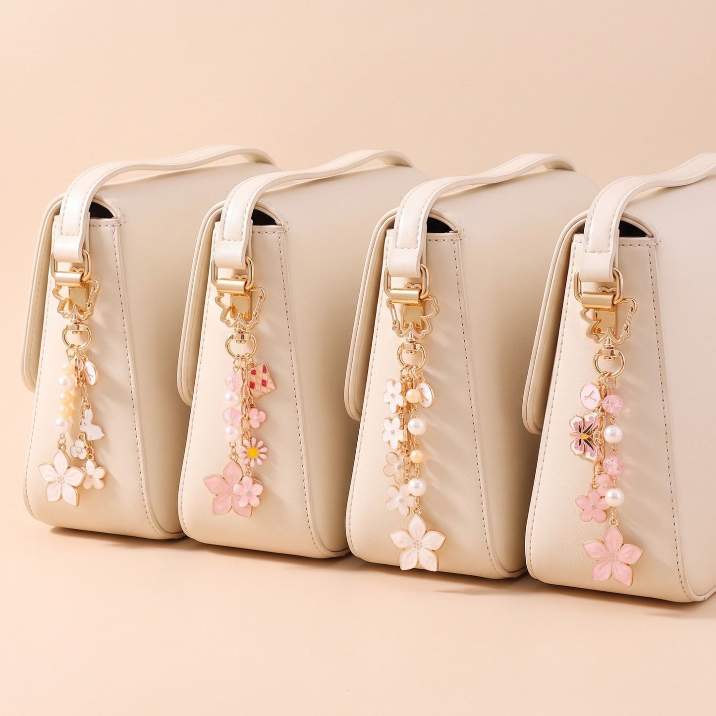 Enamel Cherry Blossom & Floral Multi-Charm Bag Charm Key Chain 4-Piece Set