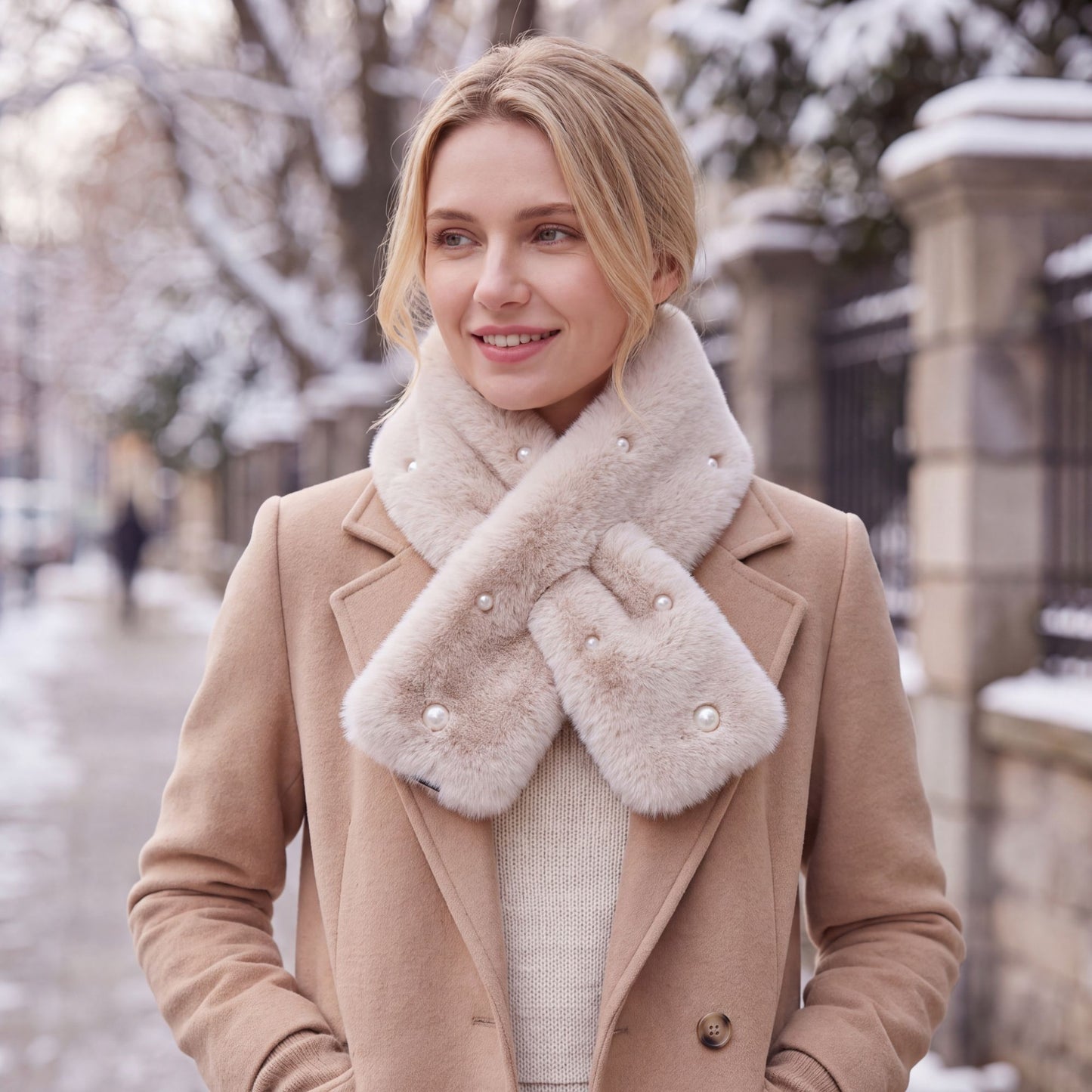 Plush Faux Fur Scarf with Pearl Accents Soft Winter Neck Warmer 31.5*4.7 Inches