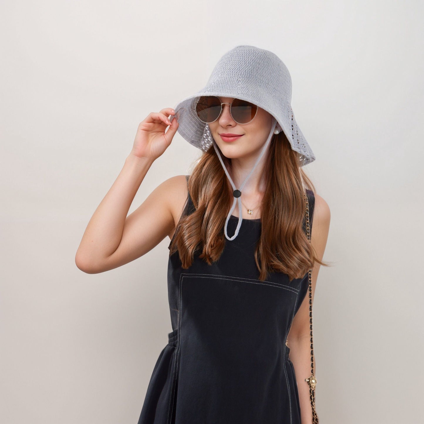 Crochet Bucket Hat with Adjustable Chin Strap and Back Button Eyelet Panel for Sun Protection