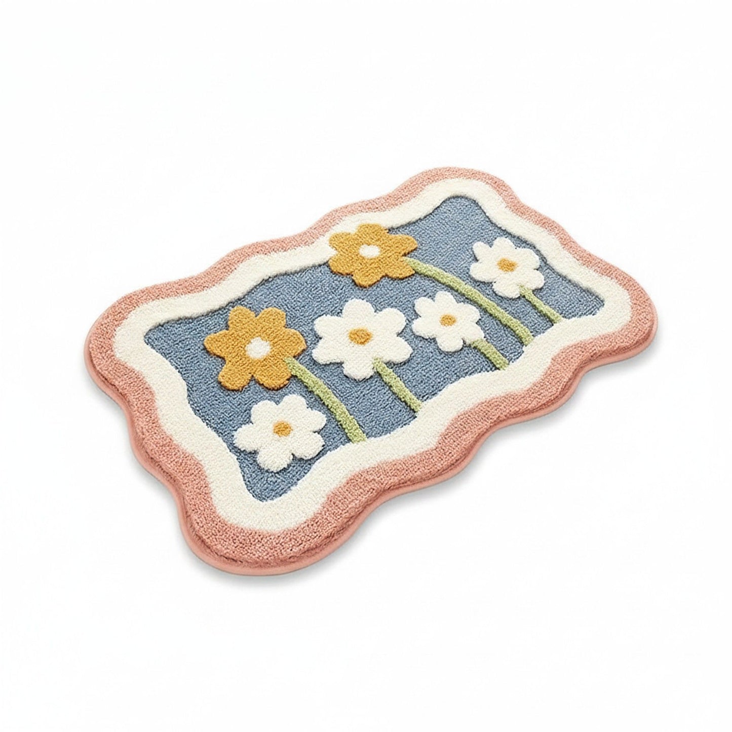 Tufted Floor Mat with Floral Daisy Pattern Non Slip Backing Soft Plush Decorative Scalloped Edge Rug