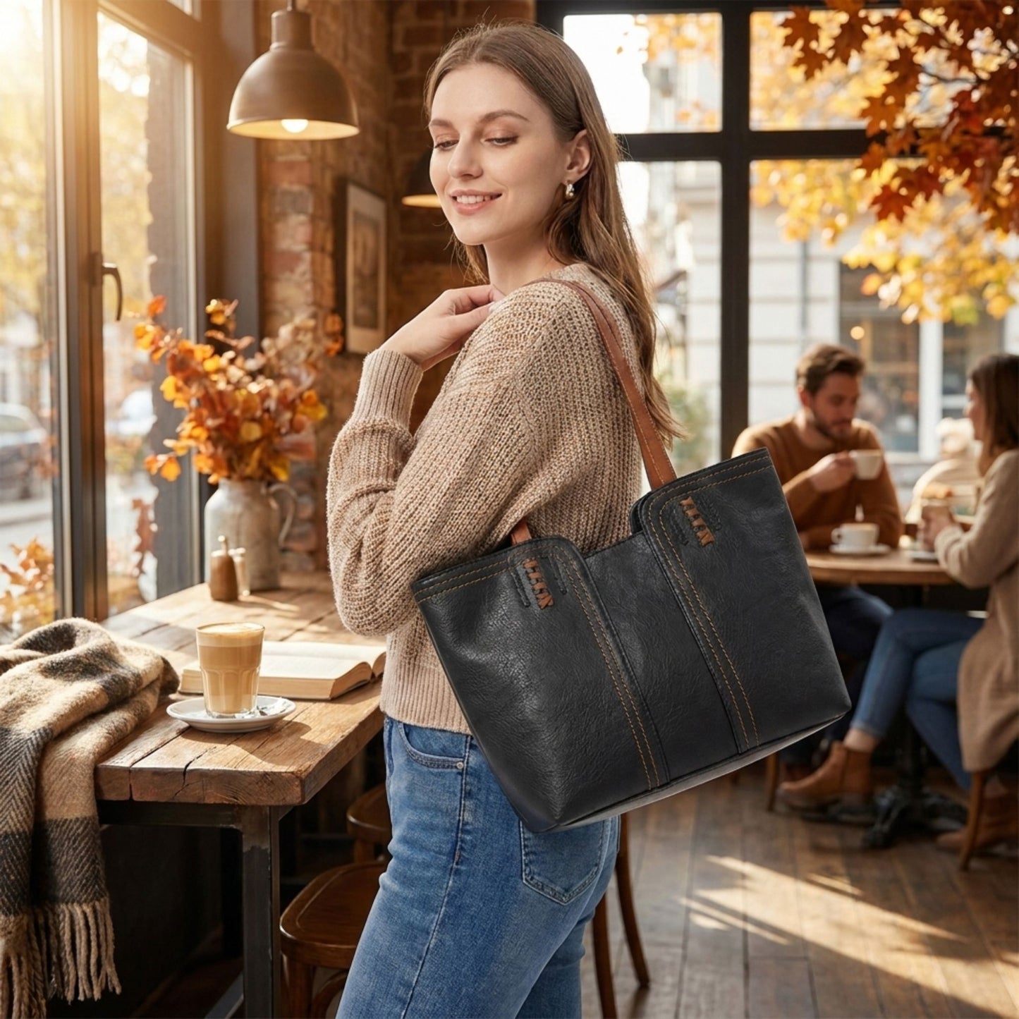 Faux Leather Tote Bag Shoulder Handbag with Zipper Closure for Work