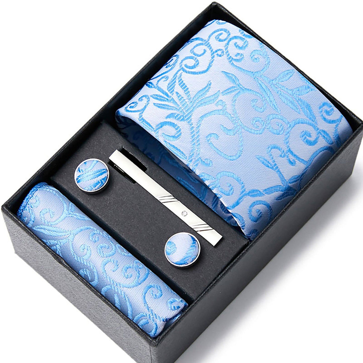 Men's Baroque Floral Tie Gift Set with Matching Pocket Square Cufflinks and Silver Tie Clip