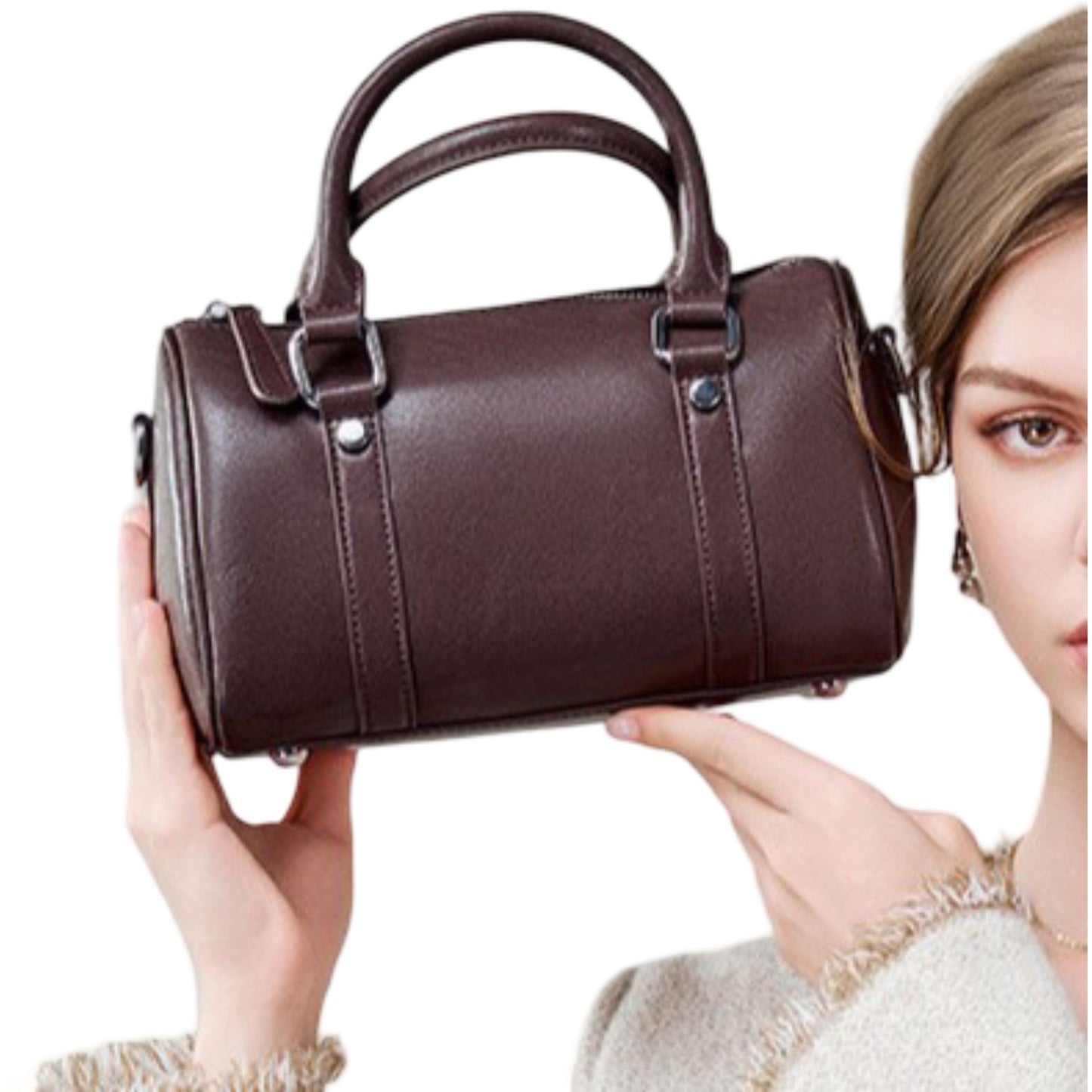 Structured Leather Barrel Satchel with Top Handles Compact Cylinder Shape and Crossbody Option