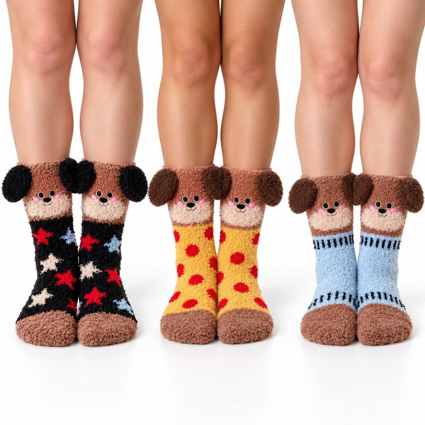 Puppy Fuzzy Crew Socks 3-Pair Set US 5-10.5