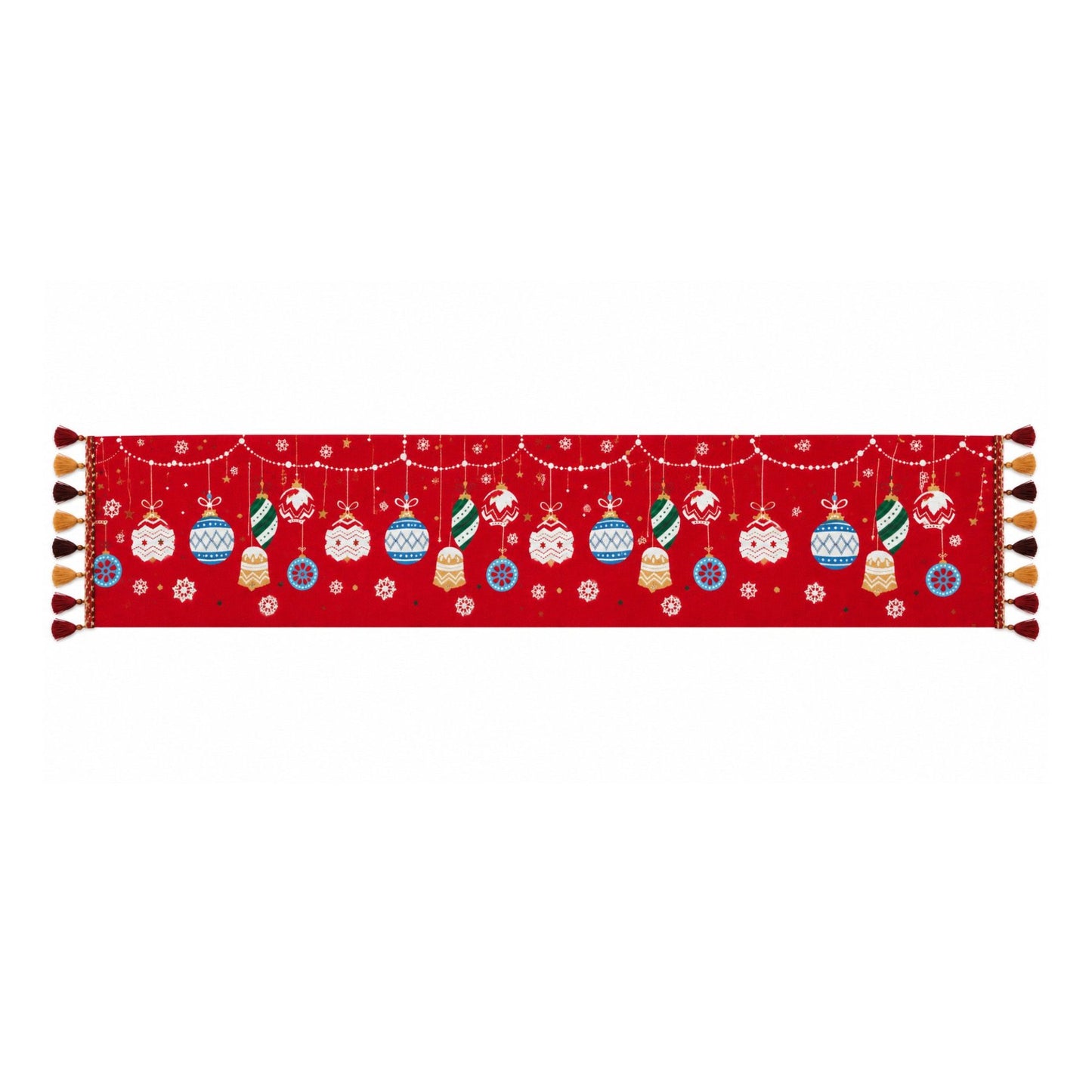 Christmas Ornament Chenille Jacquard Table Runner with Tassels for Holiday Dining Decor