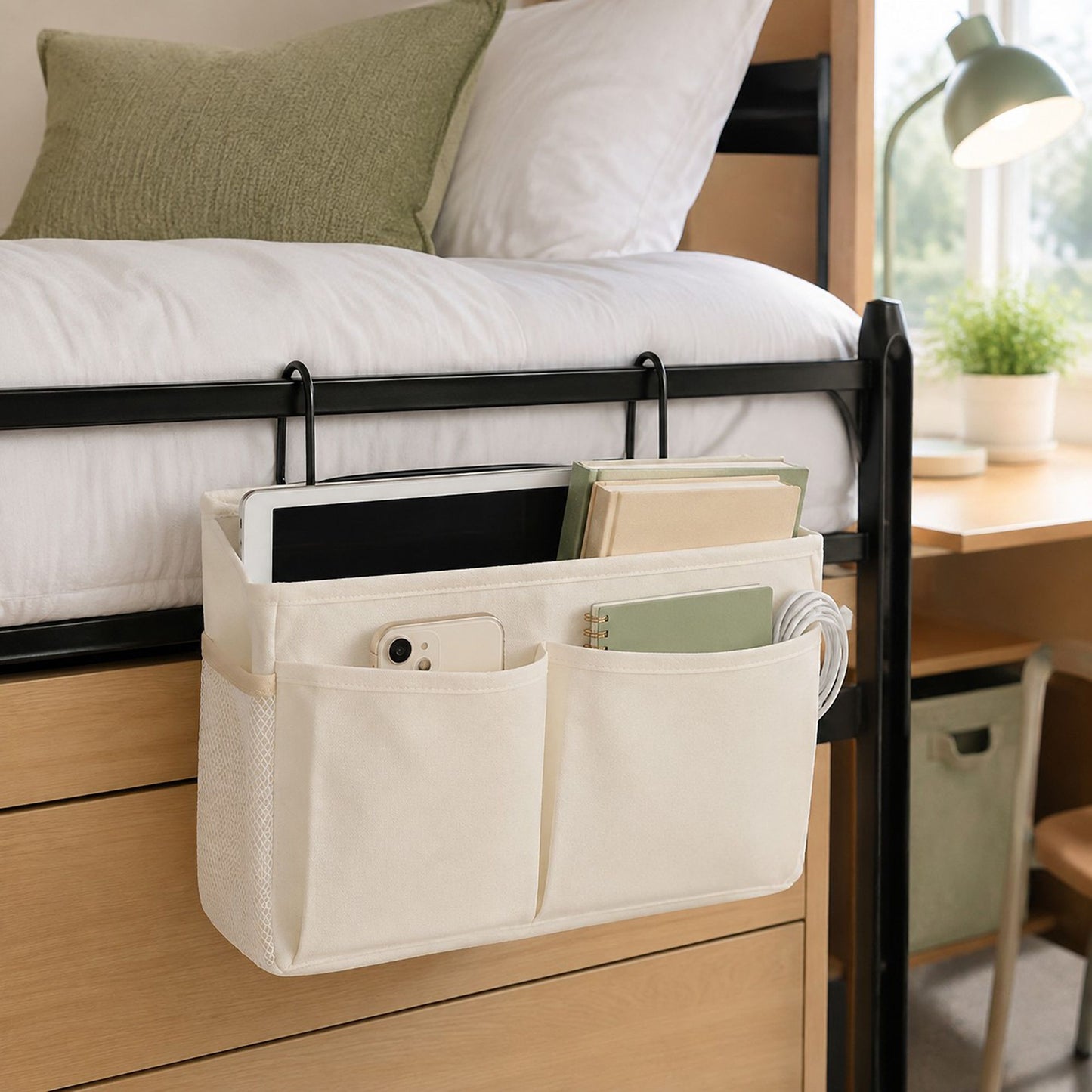 Hanging Bedside Storage Caddy with Hooks and Multiple Pockets Bed Rail Organizer