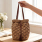 Woven Bucket Shoulder Bag with Drawstring Closure Faux Leather Strap Tassel Detail Lightweight Handbag