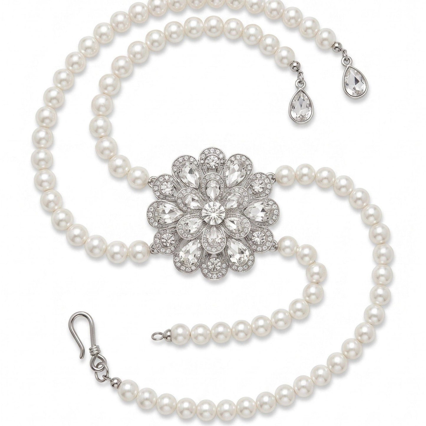 Crystal Floral Pearl Waist Chain Adjustable Elegant Body Belt Glam Floral Inspired Waist Jewelry 47.2in