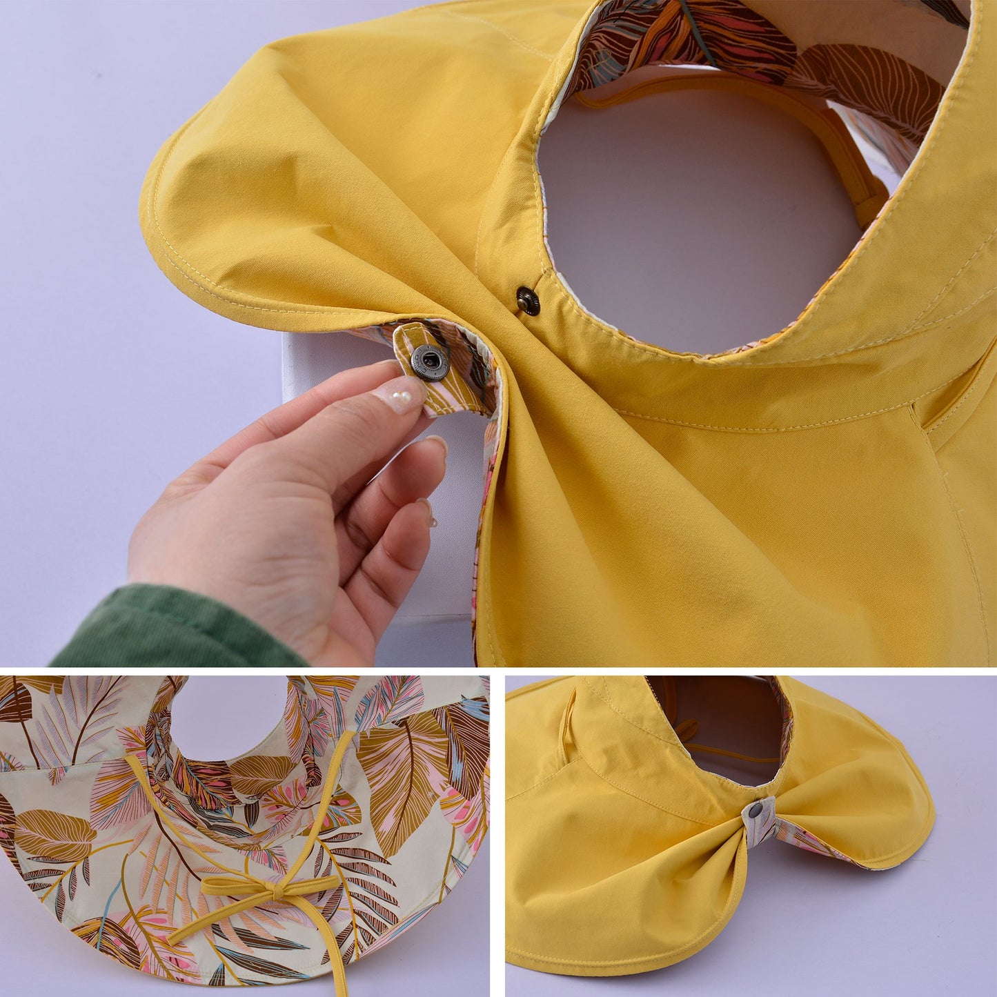 Wide Brim Sun Hat with Ponytail Hole Neck Tie Closure and Patterned Lining for UV Protection and Outdoor Style