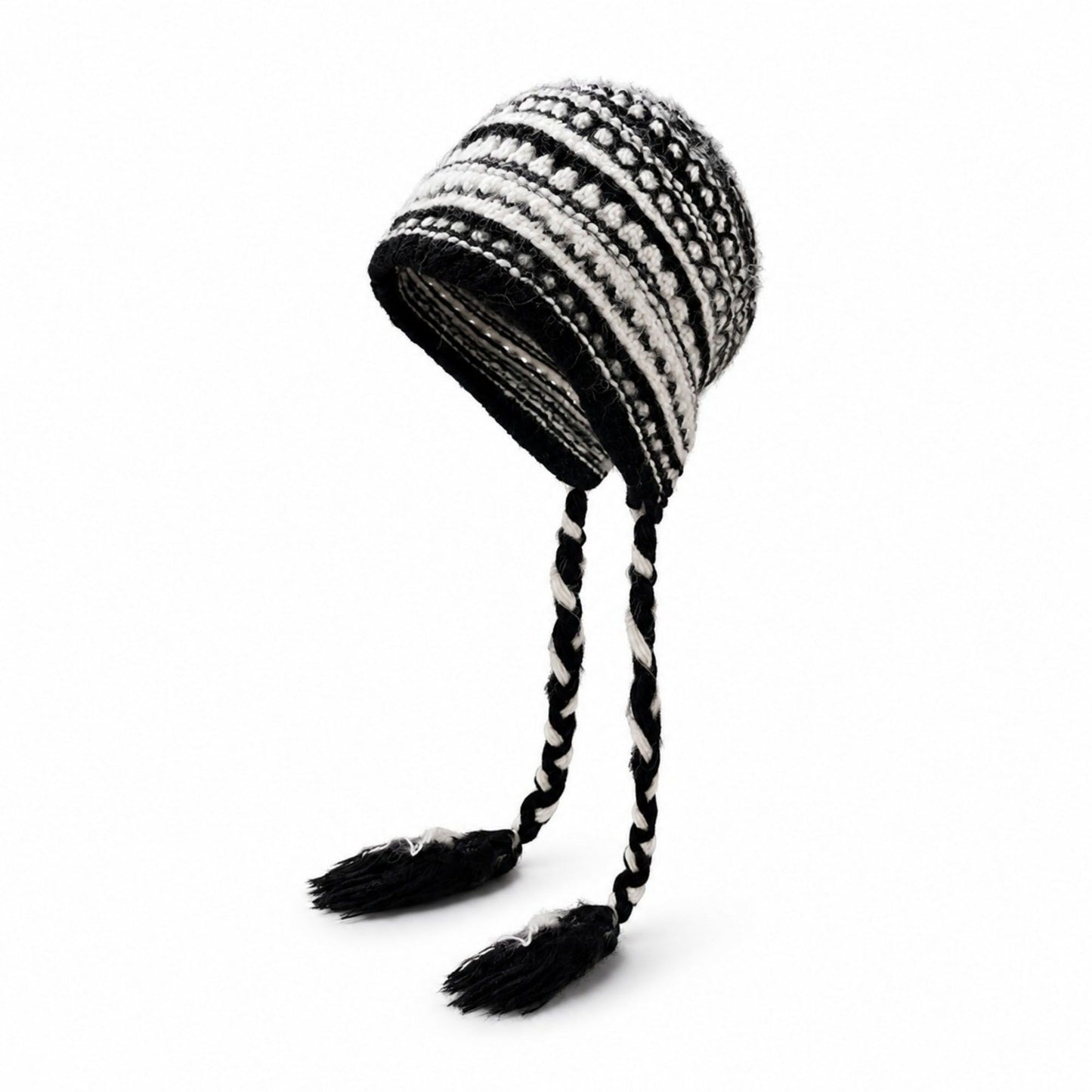 Patterned Knit Beanie with Braided Tassels