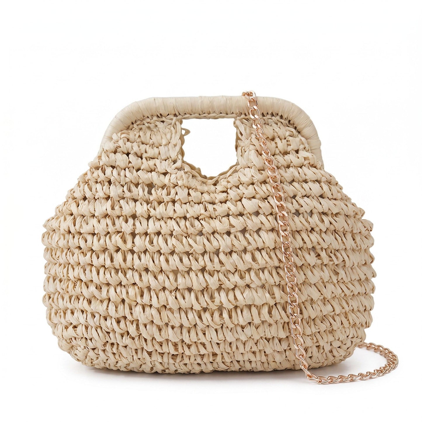 Small Woven Straw Handbag Chain Crossbody Bag with Top Handle and Flap Closure