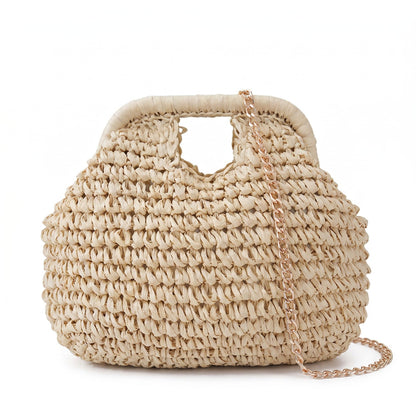 Small Woven Straw Handbag Chain Crossbody Bag with Top Handle and Flap Closure
