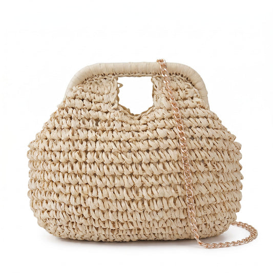 Small Woven Straw Handbag Chain Crossbody Bag with Top Handle and Flap Closure