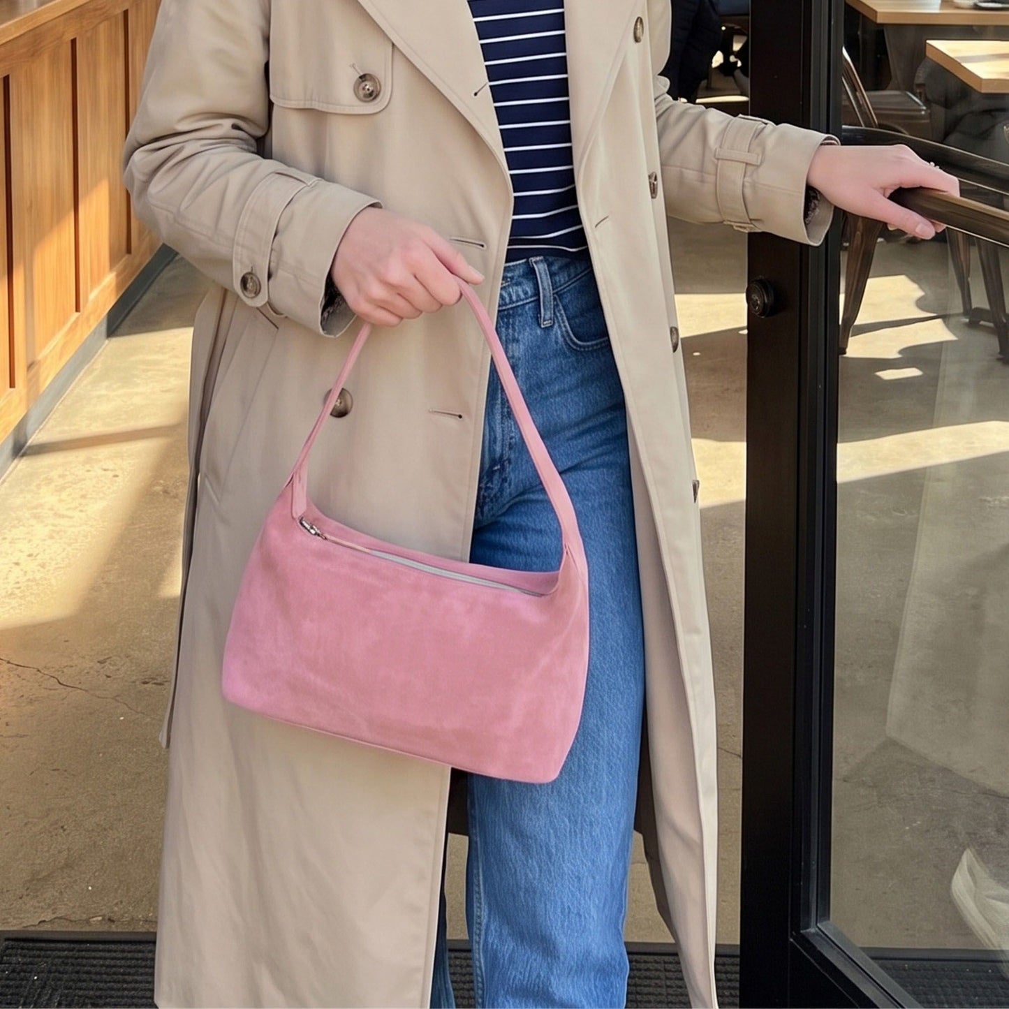 Faux Suede Shoulder Bag with Zipper Closure