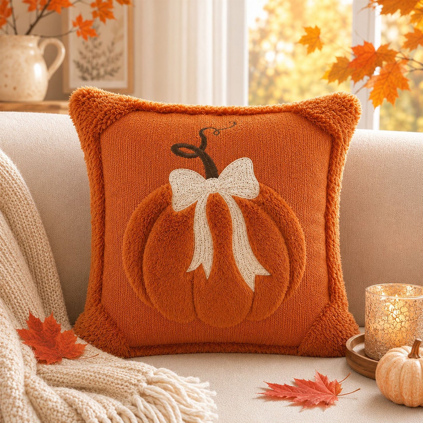 Textured Pumpkin Bow Decorative Throw Pillow Cover for Sofa Bed Chair Fall Decor