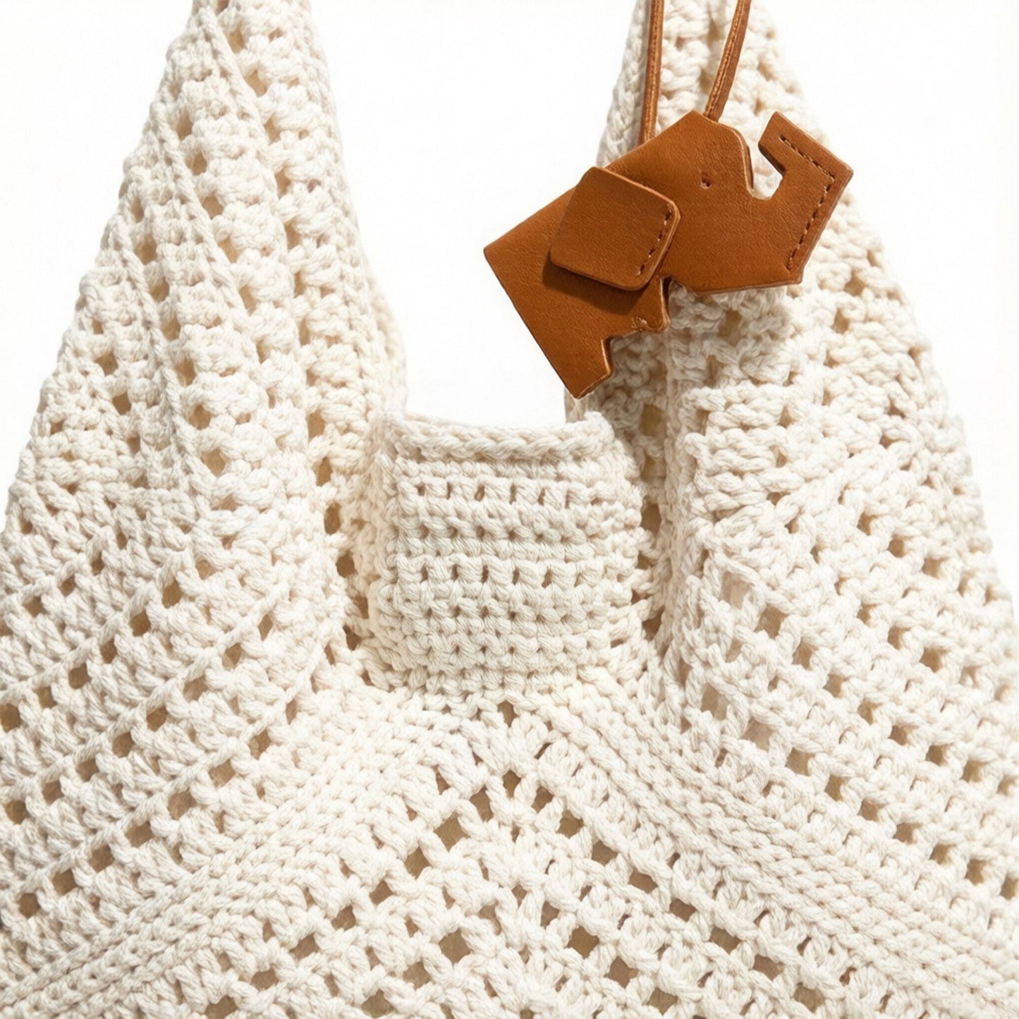 Woven Crochet Shoulder Bag with Leather Strap Slouchy Hobo Handbag Lightweight Knit Tote