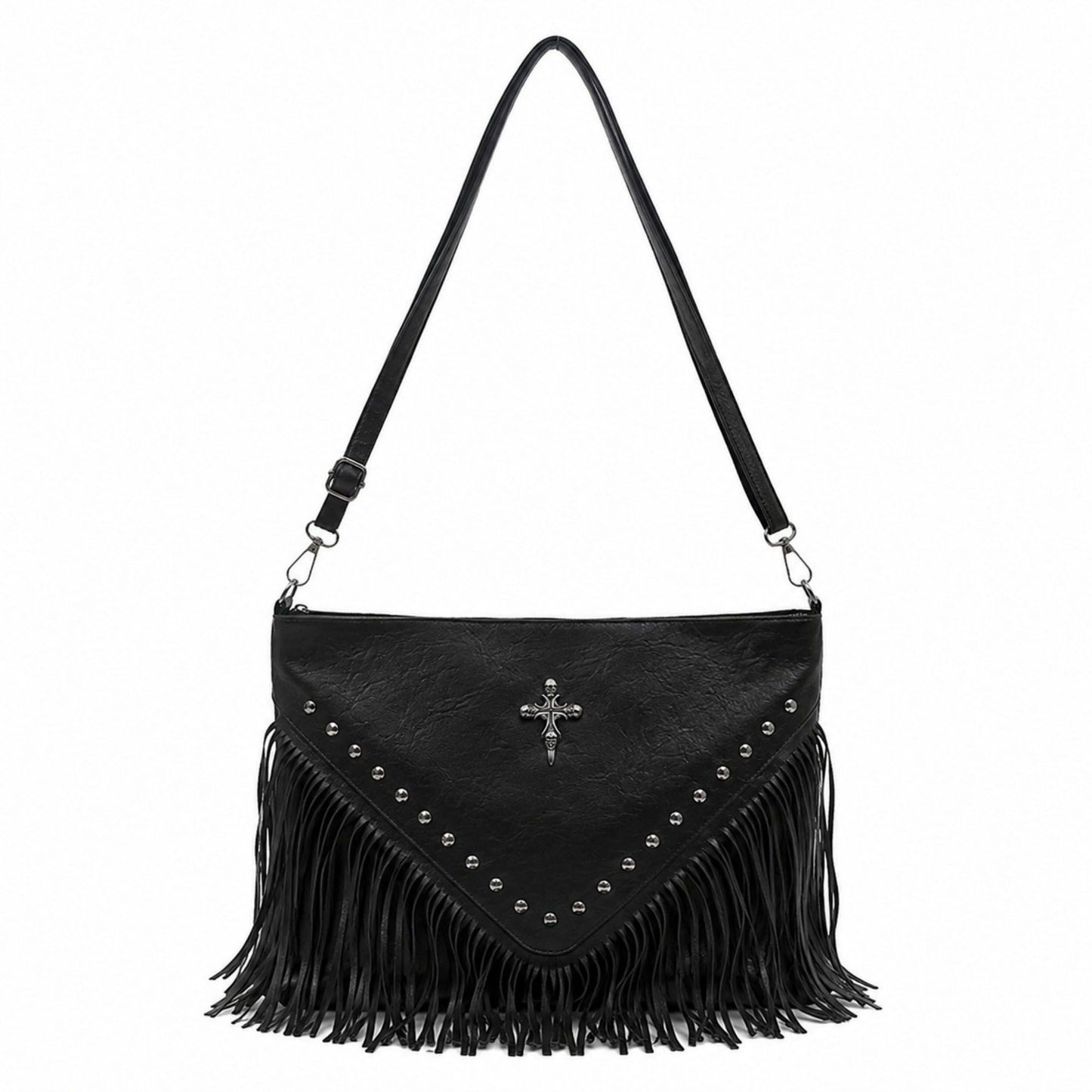 Studded Fringe Shoulder Bag with Adjustable Strap and Zip Closure