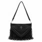 Studded Fringe Shoulder Bag with Adjustable Strap and Zip Closure