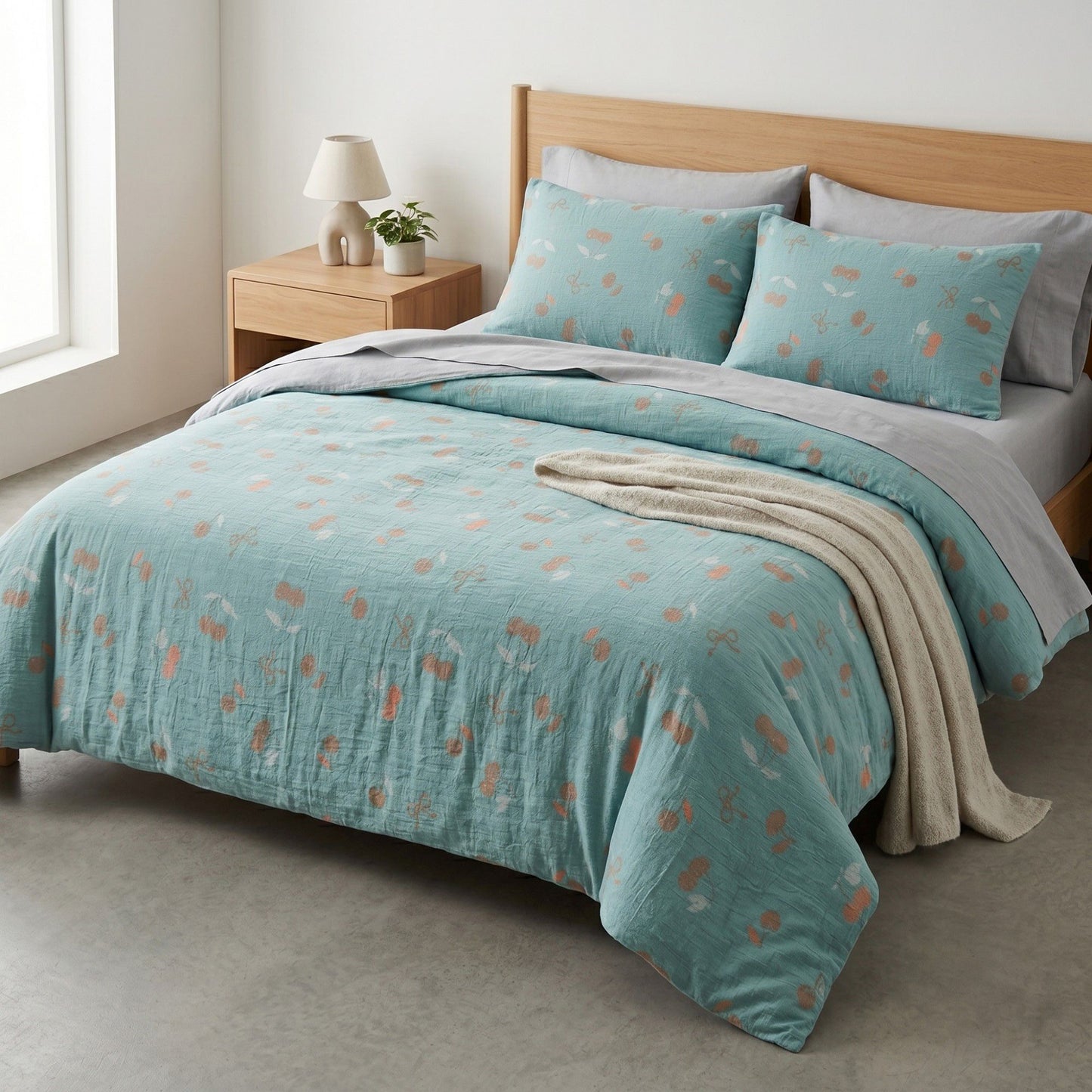 4-Piece Cotton Bedding Set with Cherry Print Duvet Cover and Pillowcases