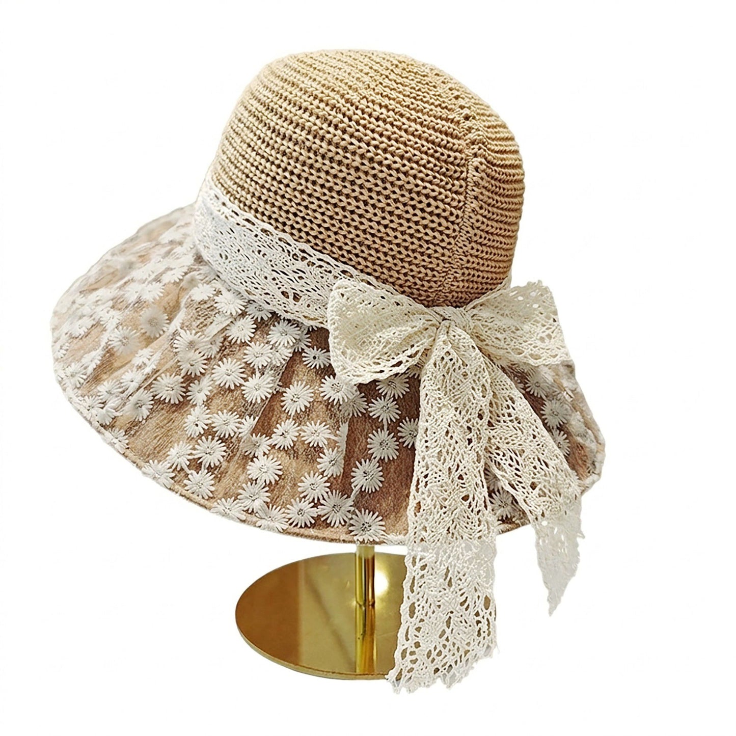 Crochet Sun Hat with Lace Bow Accent and Embroidered Sheer Wide Brim