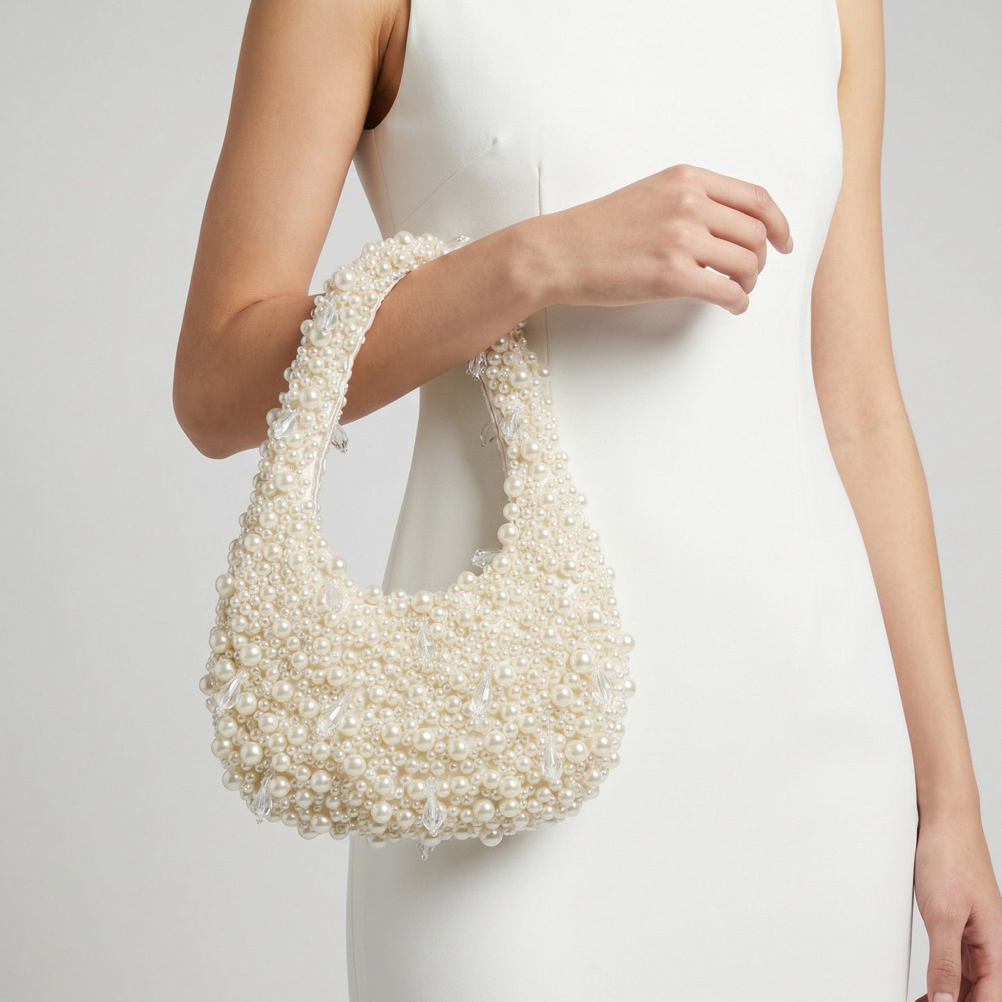 Faux Pearl Embellished Shoulder Bag with Crystal Accents Hand Beaded Crescent Handbag 10x2x13.7 in
