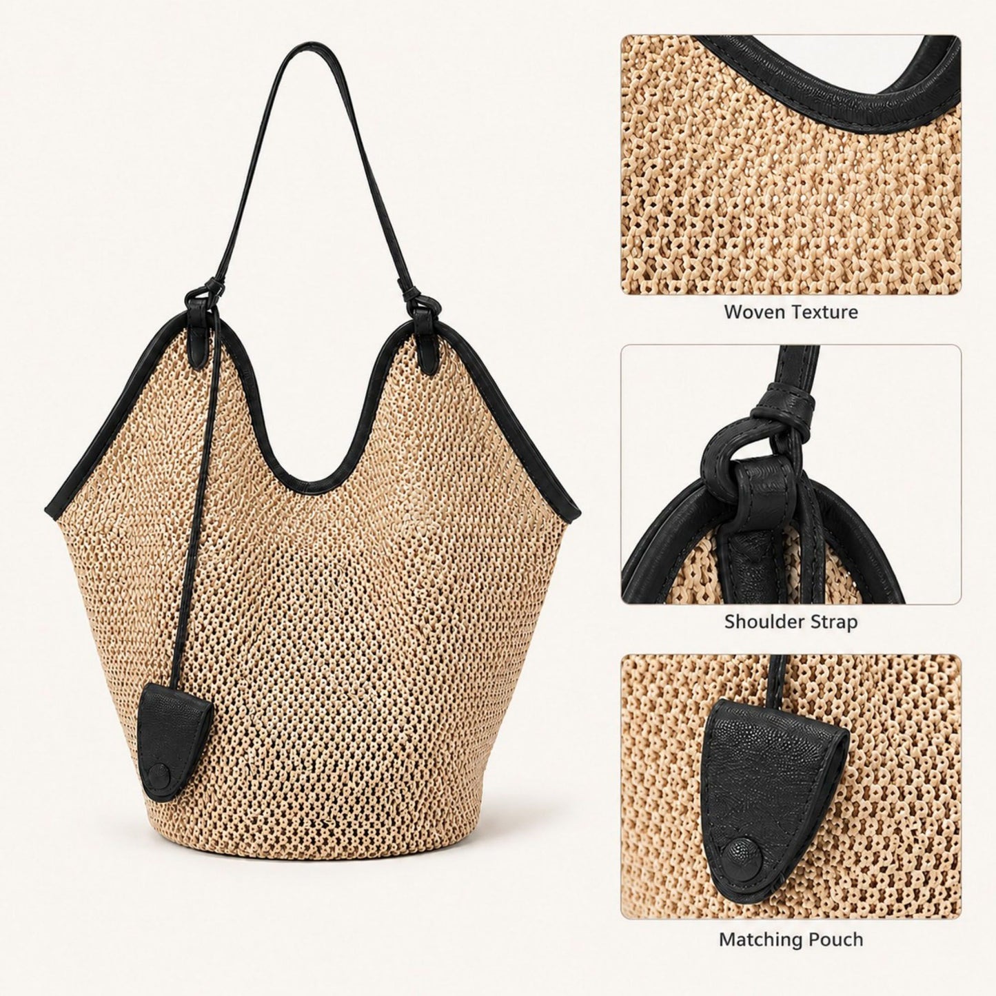 Woven Straw Style Tote Bag Large Capacity Shoulder Bag with Faux Leather Trim