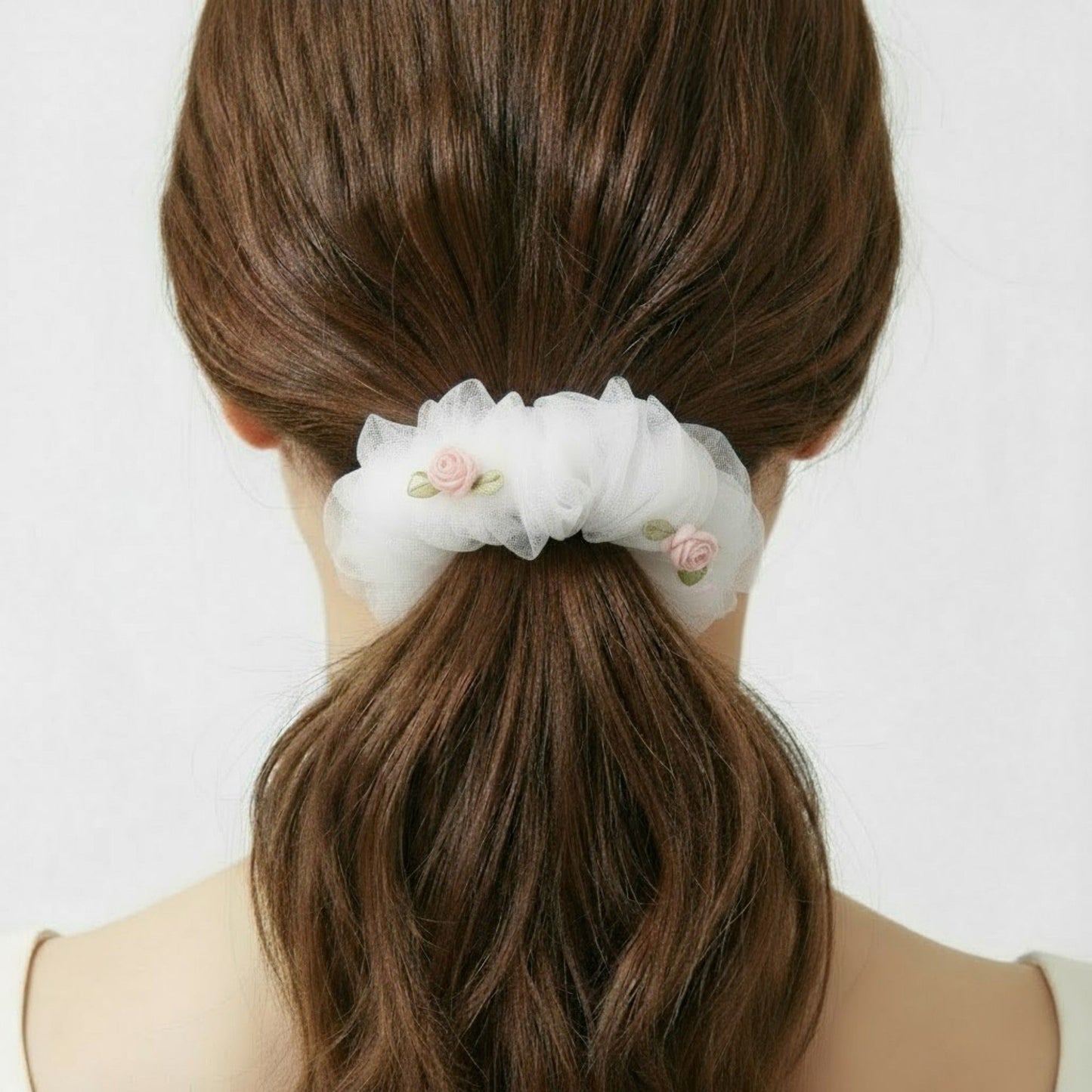 Sheer Organza Scrunchie with Embroidered Mini Roses and Soft Layered Design