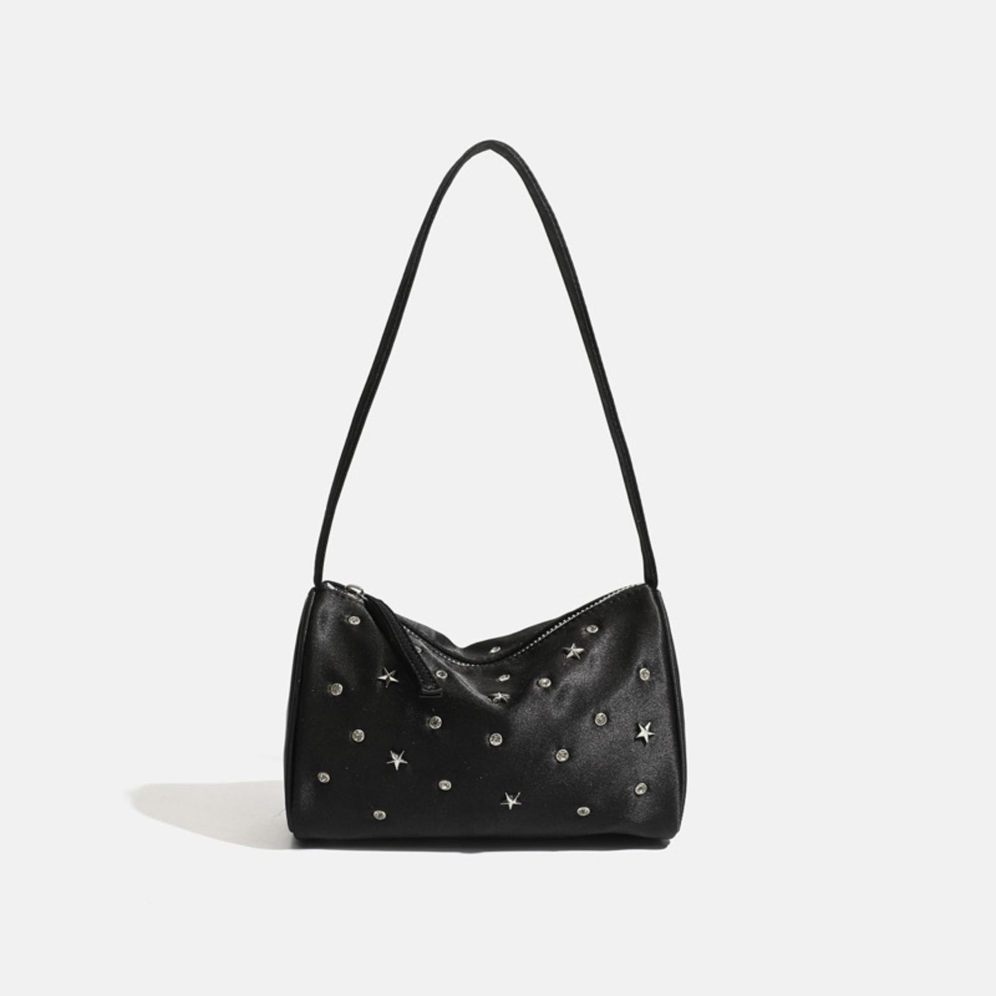 Studded Satin Shoulder Bag with Zip Closure and Interior Pocket