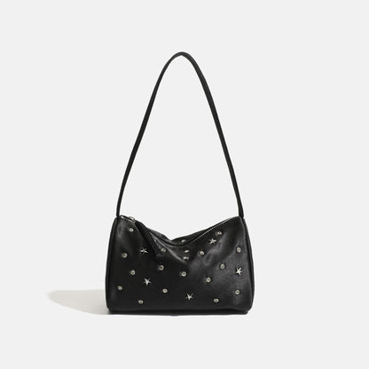 Studded Satin Shoulder Bag with Zip Closure and Interior Pocket