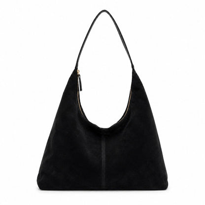 Slouchy Faux Suede Hobo Shoulder Bag with Zip Closure and Wide Strap