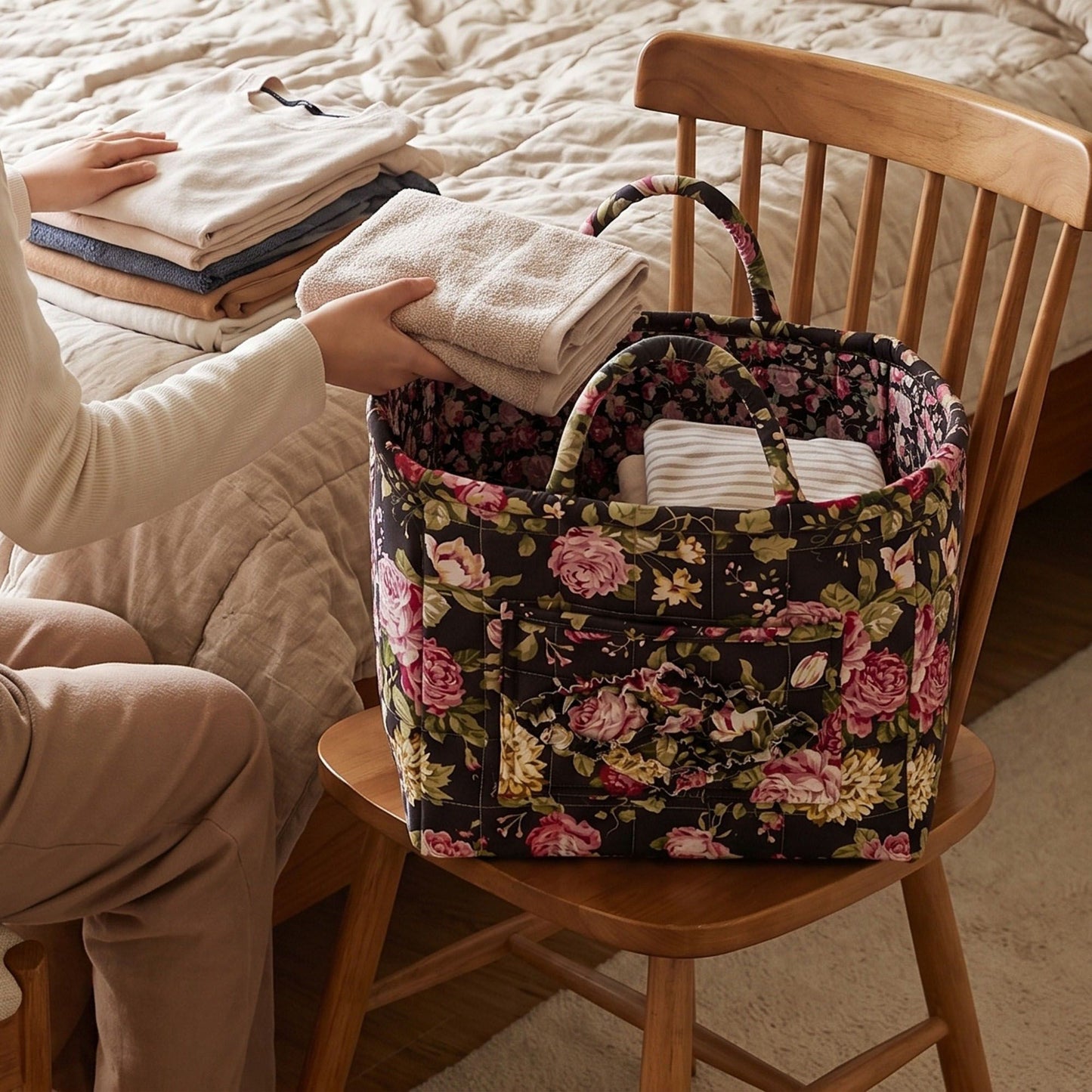 Quilted Floral Storage Basket with Handles and Front Pocket