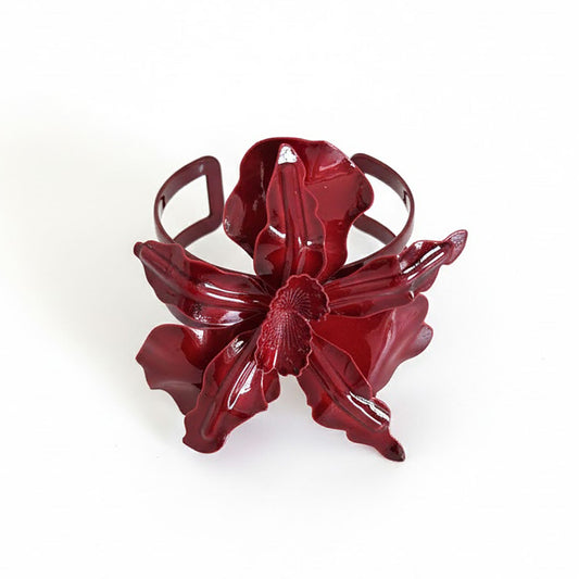 Women's Statement Floral Open Cuff Bracelet with Sculpted Petal Design and Glossy Finish