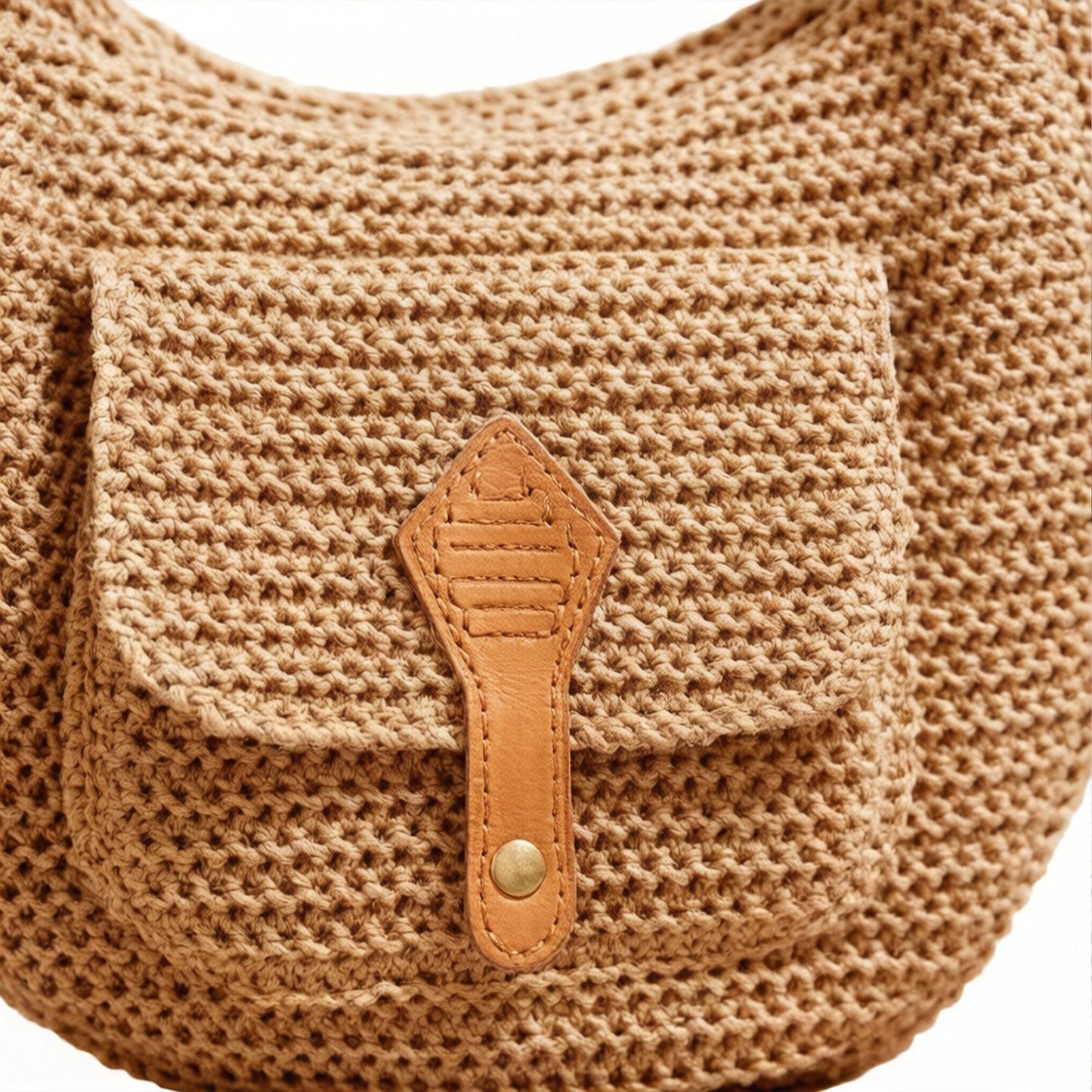 Woven Crochet Hobo Bag with Flap Pocket Leather Strap Slouchy Shoulder Handbag Lightweight Knit Tote