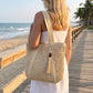Woven Straw Tote Bag Large Capacity Zip Top Shoulder Carryall with Tassel Accent