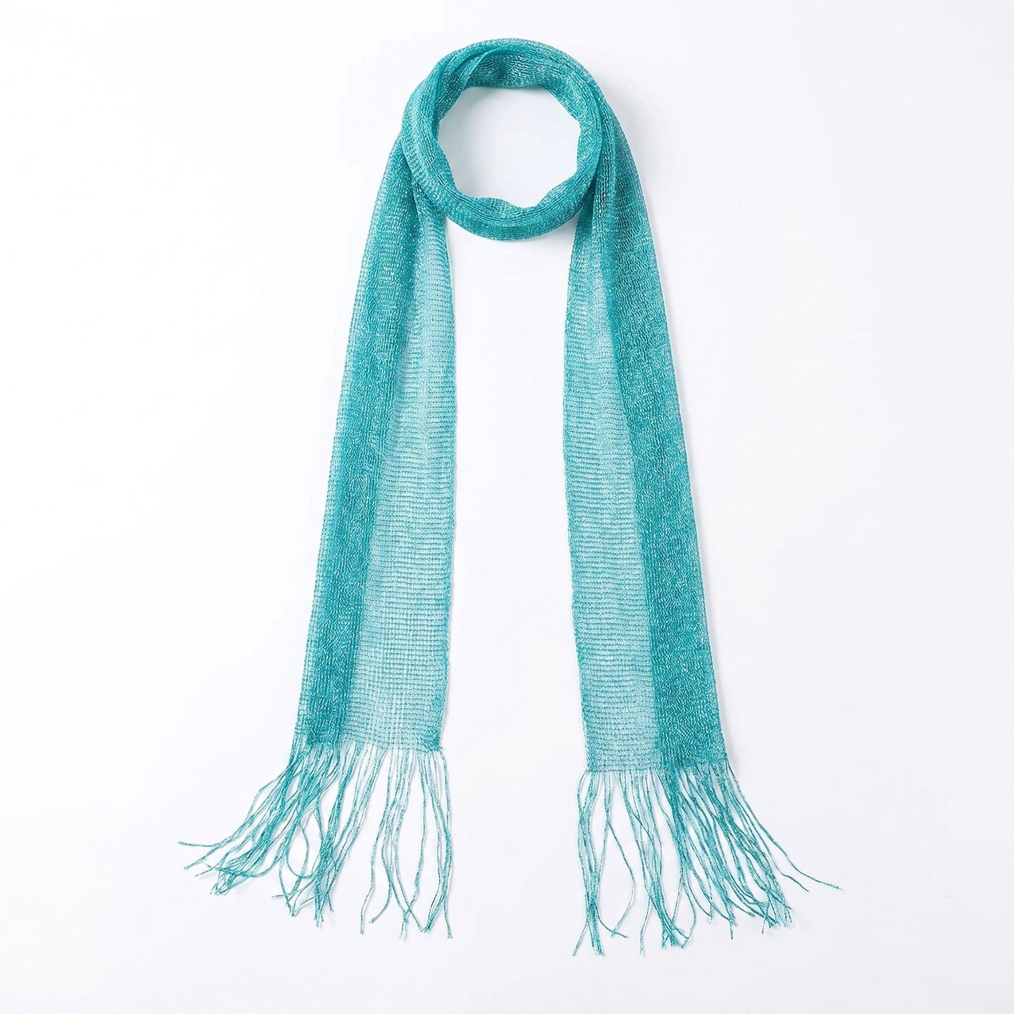 Lightweight Skinny Scarf with Metallic Sheen Fringe Trim and Long Neck Tie Design