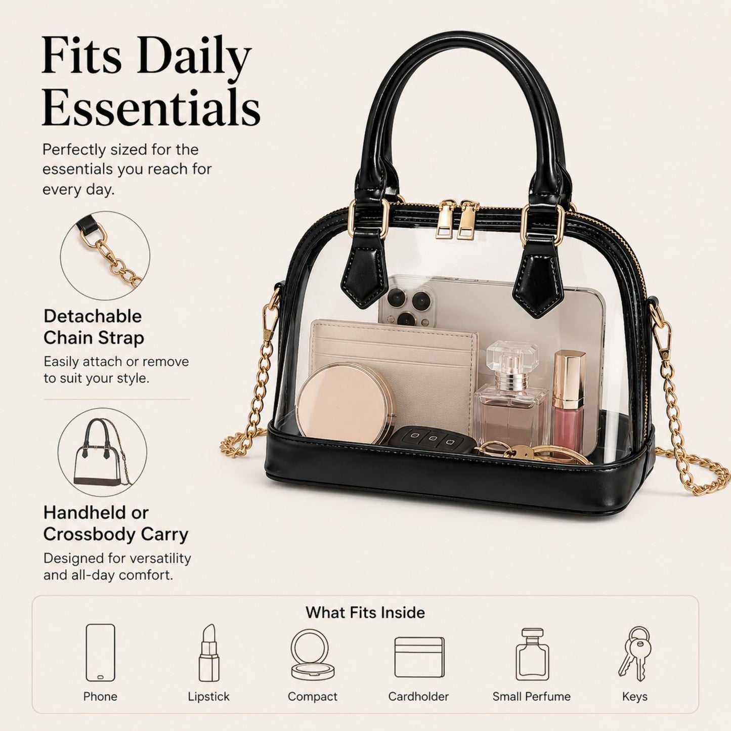 Clear PVC Mini Satchel Bag with Zipper Top and Detachable Chain Strap