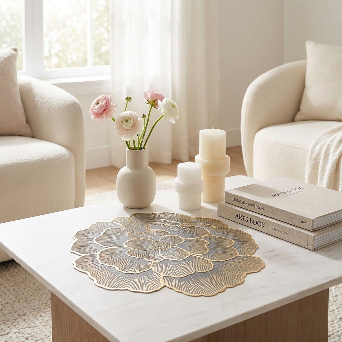 4 Pack Floral Round PVC Placemats Gold Trim Washable Heat Resistant Table Mats