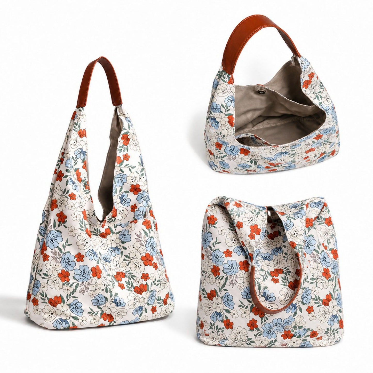 Floral Hobo Shoulder Bag with Soft Slouchy Shape and Wide Strap