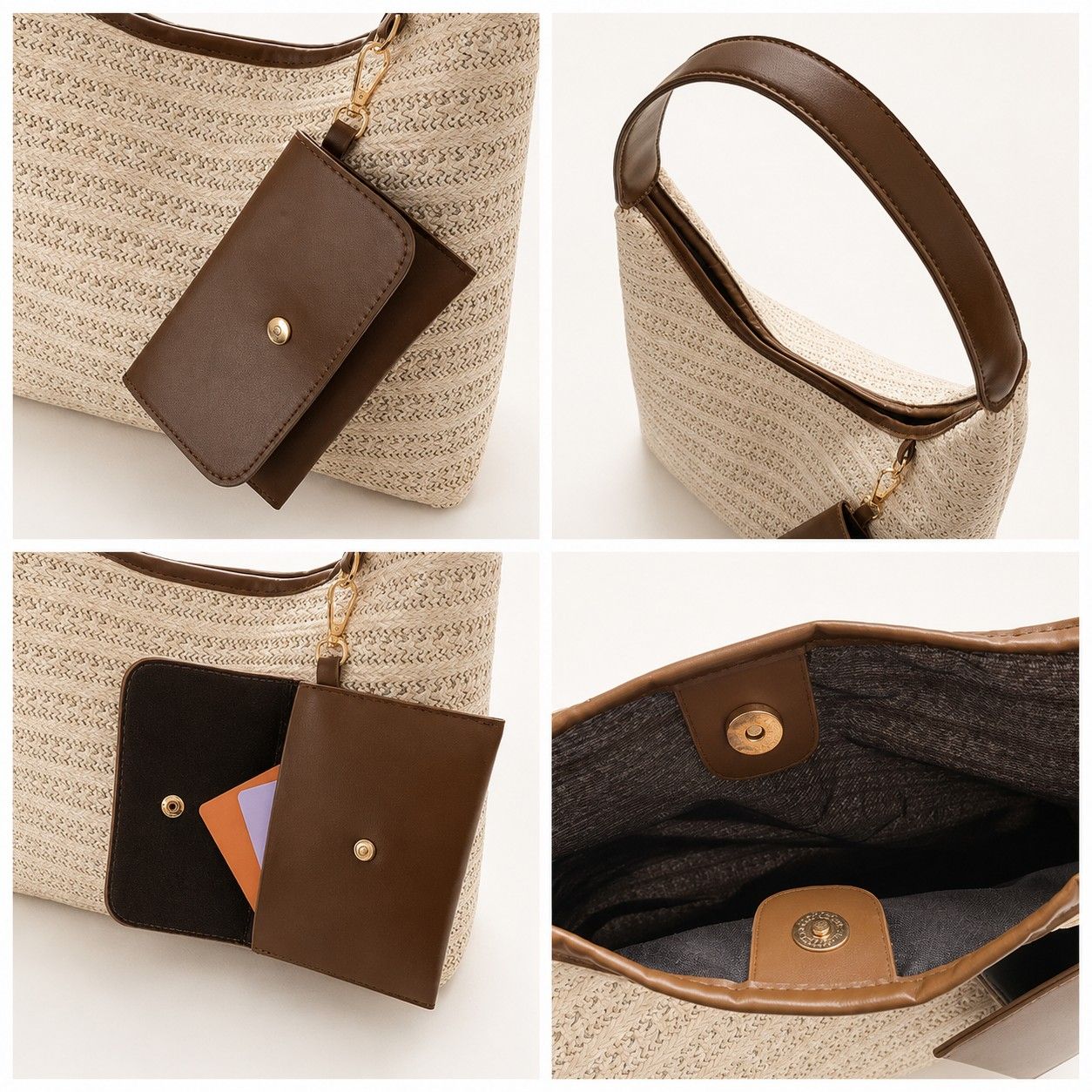Woven Straw Shoulder Bag Hobo Handbag with Removable Pouch and Magnetic Closure
