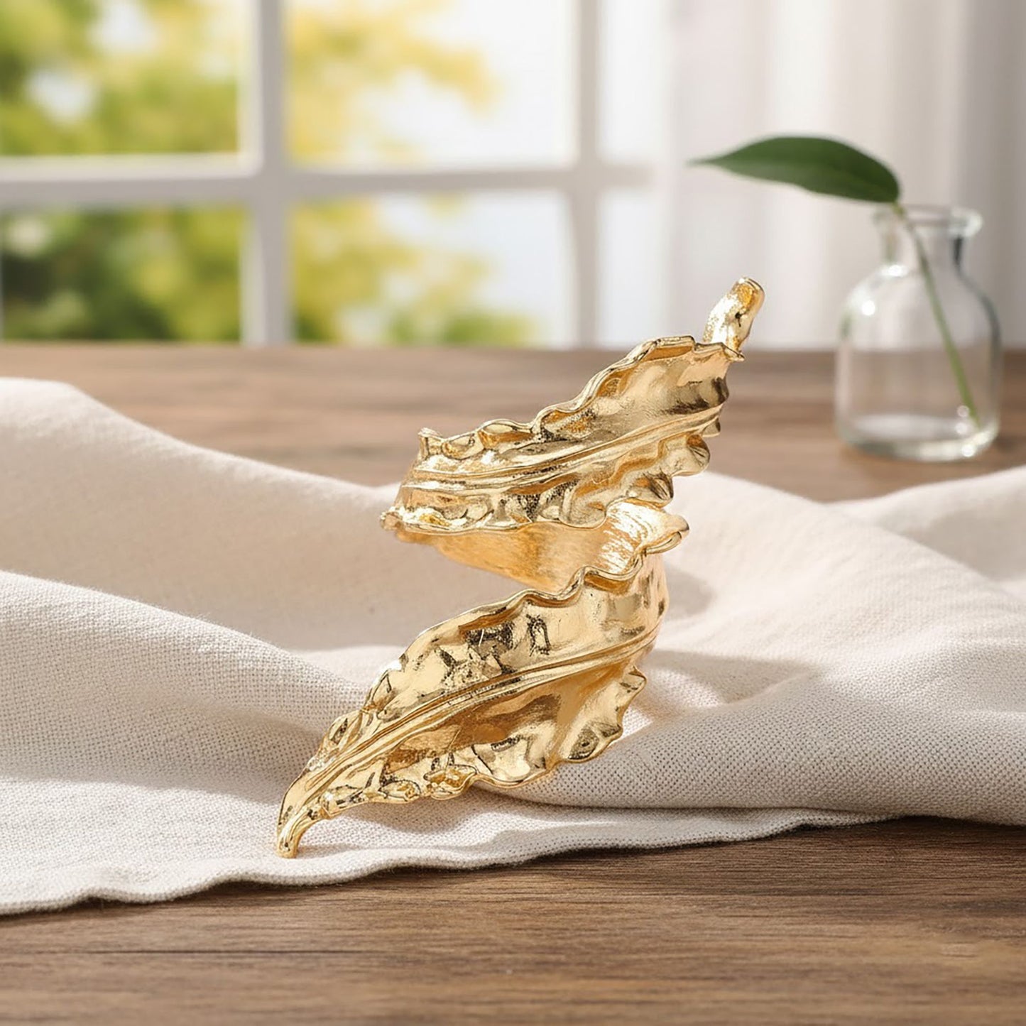Women's Sculptural Open Cuff Bracelet with Organic Leaf Inspired Design and Polished Gold Tone Finish