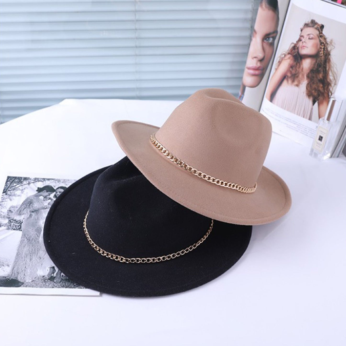 Women Wide Brim Fedora Hat with Gold Chain Band