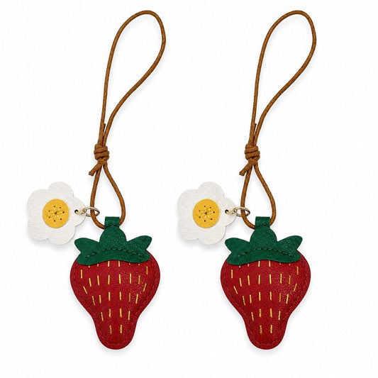 2-Pack Stitched Strawberry Bag Charm Keychains with Daisy Accents and Cord Loops