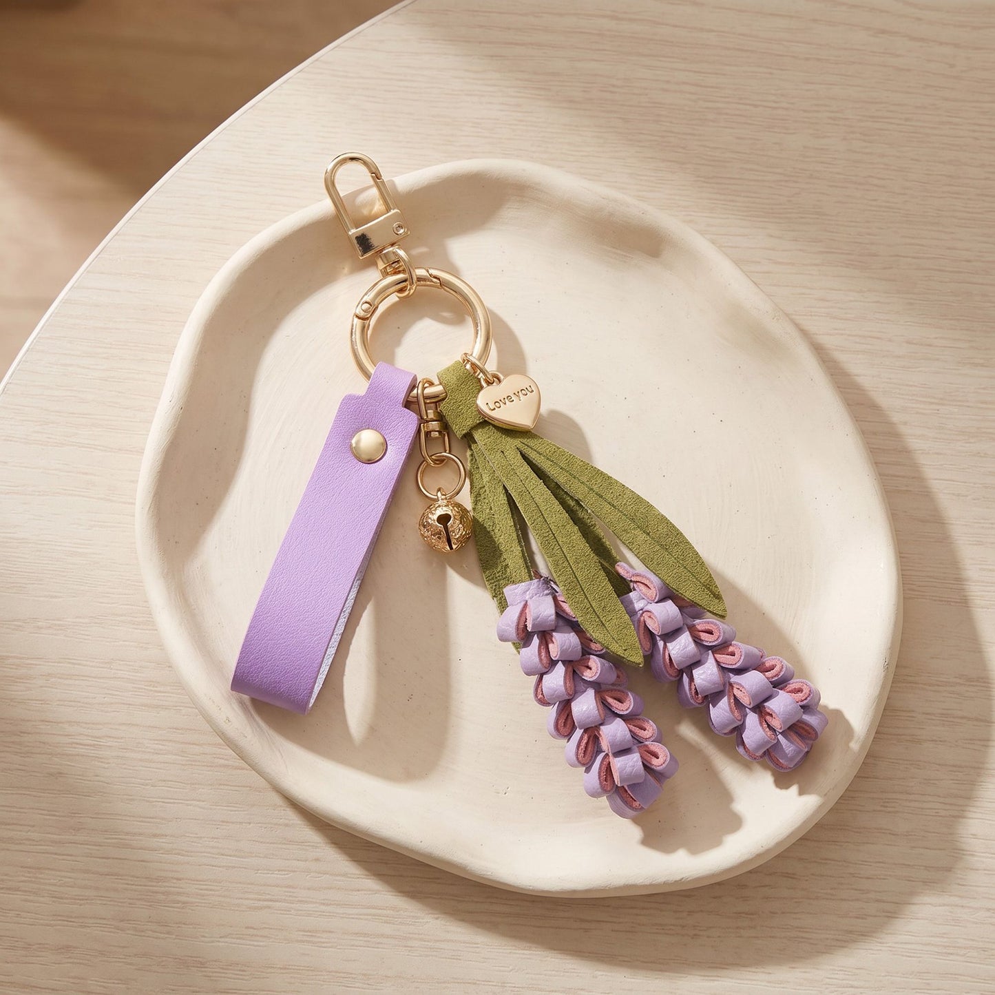 Lavender Flower Bag Charm with Wrist Loop Tassel and Gold Tone Clip