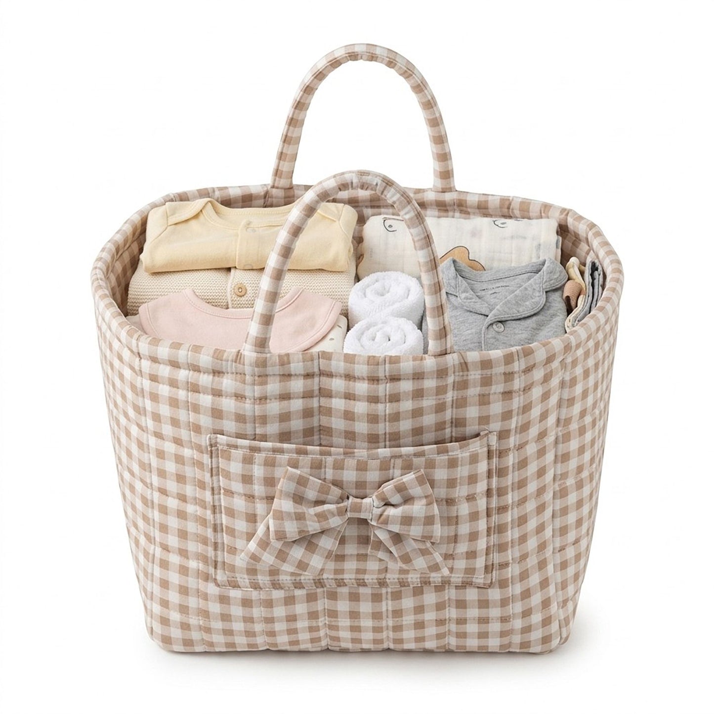 Gingham Quilted Storage Basket with Handles and Bow