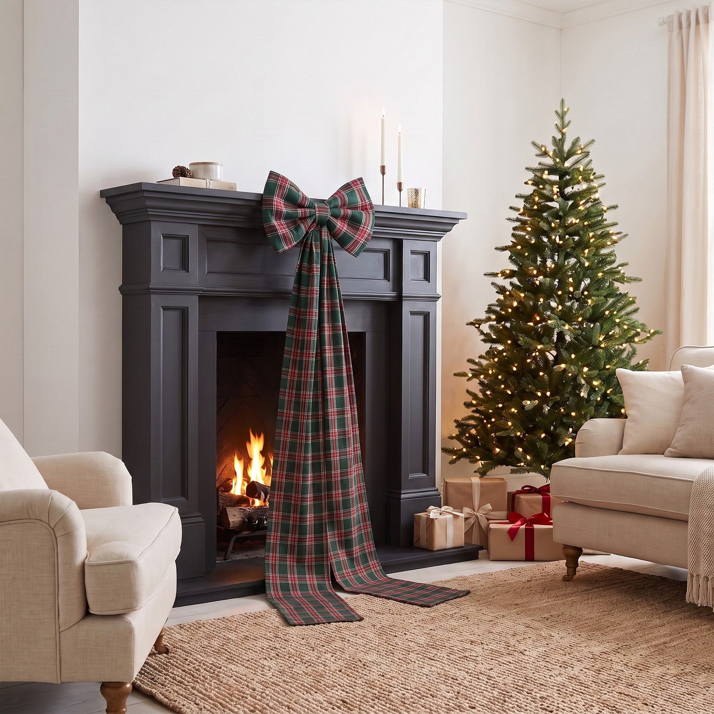 Large Plaid Christmas Bow with Long Ribbon Tails