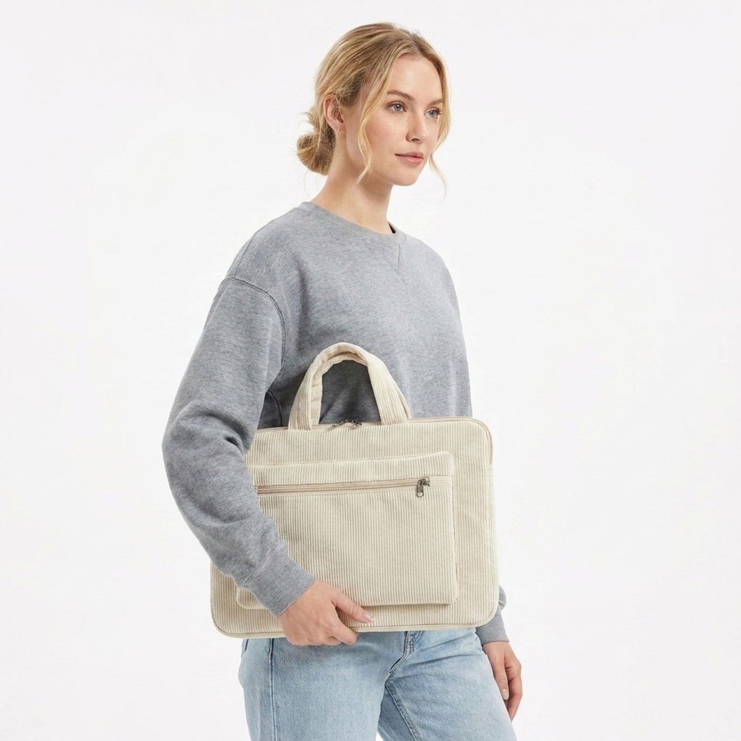 Corduroy Laptop Bag Large Capacity Work Tote with Front Zipper Pocket