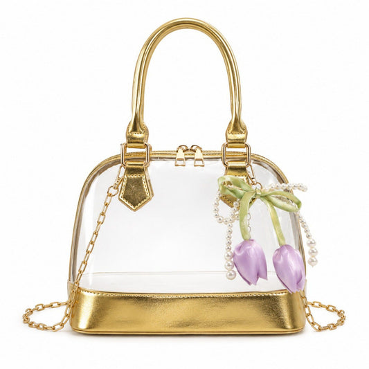 Clear PVC Mini Satchel Bag with Chain Strap and Floral Pearl Charm