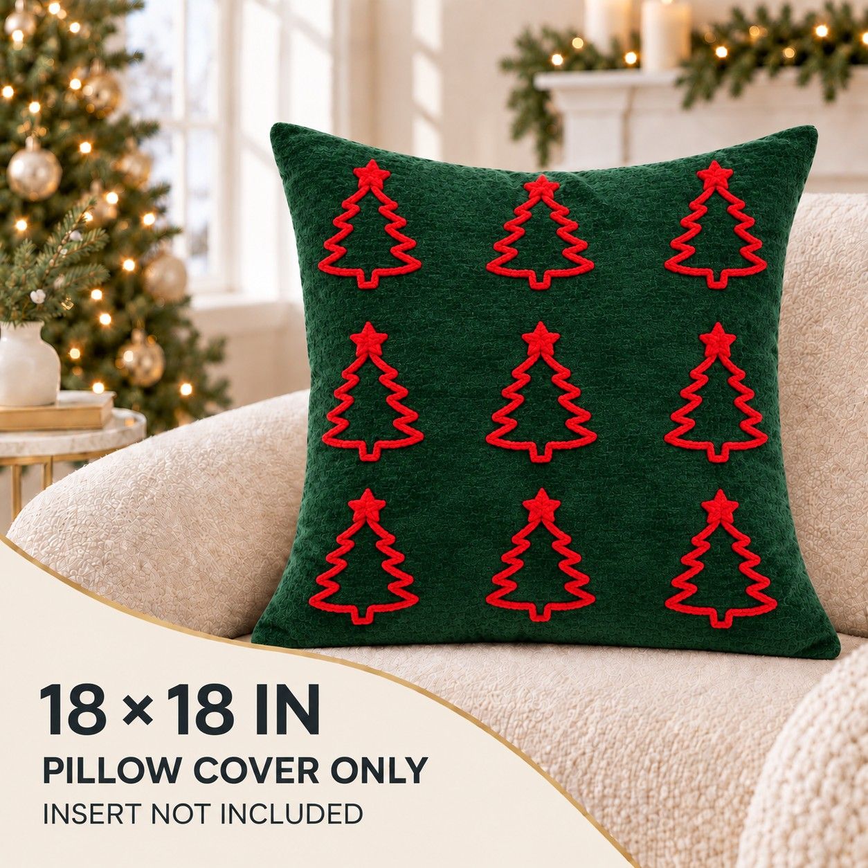 Christmas Embroidered Throw Pillow Cover 18 x 18 Inch Holiday Home Decor