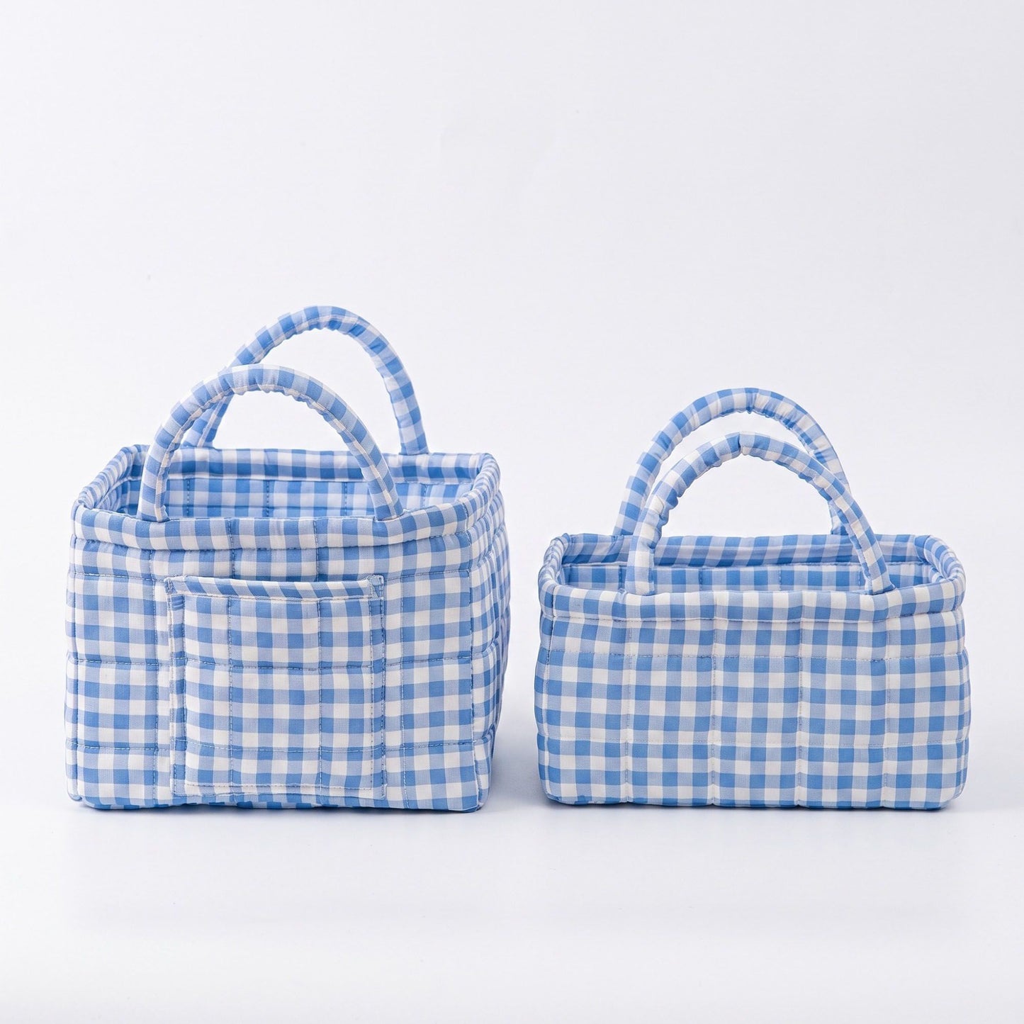 2 Piece Quilted Gingham Storage Tote Set with Handles and Front Pocket